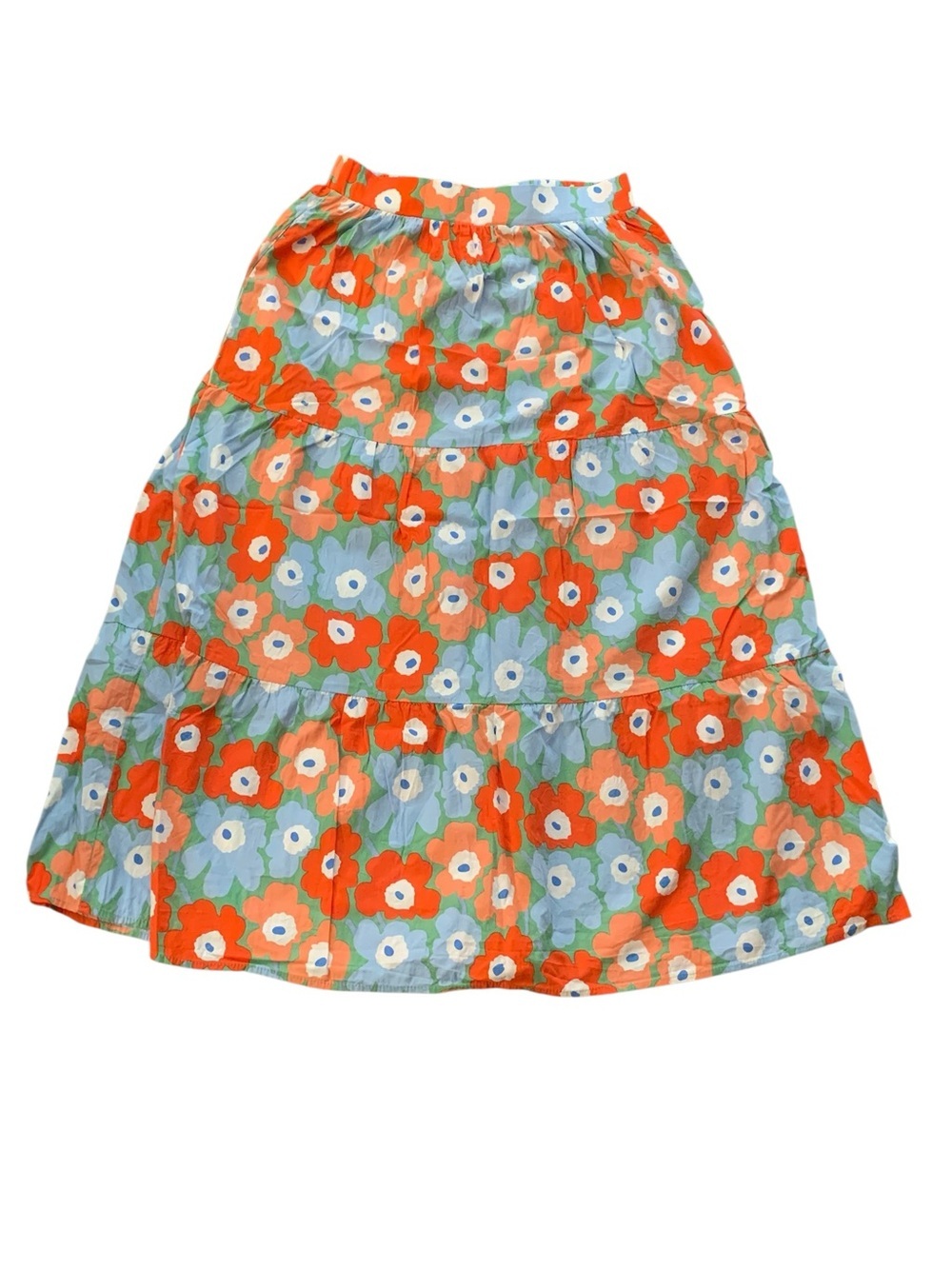 Baevely Floral Tiered Midi Skirt Orange Blue Green Flower Power Cottagecore S
